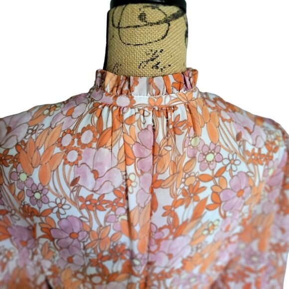 REYGRASS Long Sleeve Orange Pink Floral Dress Light Sheer Fabric Women's SZ M - Picture 5 of 9